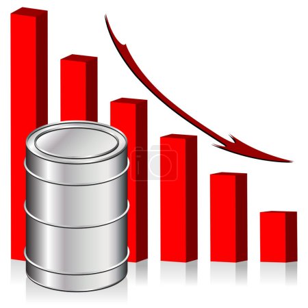 Illustration for Oil barrel over graphic bar chart with lowering prices - Royalty Free Image