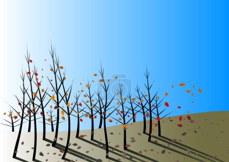 Ilustración de Las hojas de otoño caen y son removidas por el viento en un día azul claro - Imagen libre de derechos