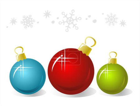 Téléchargez les illustrations : Trois boules de Noël roses ornées et flocons de neige sur fond blanc. Illustration numérique. - en licence libre de droit