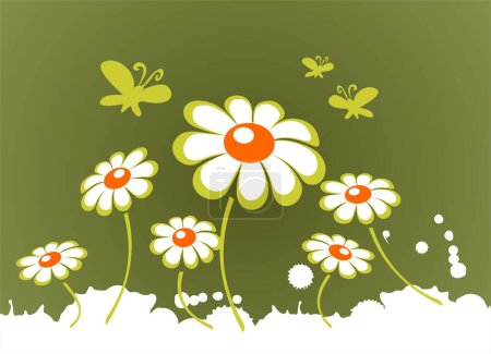 Téléchargez les illustrations : Fleurs de printemps blanches ornées sur un fond vert
. - en licence libre de droit