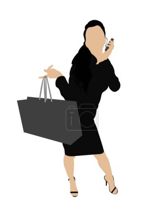 Ilustración de Señora con bolsa y móvil sobre fondo aislado - Imagen libre de derechos