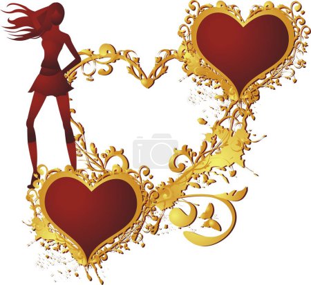 Illustration for Enamoured heart in a gold frame against a vegetative ornament with the young woman standing nearby - Royalty Free Image