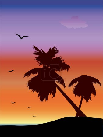 Illustration for Seascape with palm trees and seagulls silouettes at sunrise - Royalty Free Image