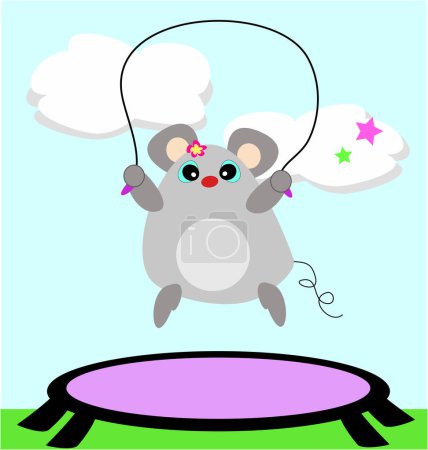 Téléchargez les illustrations : Cette souris aime sauter à la corde et sur le trampoline. - en licence libre de droit