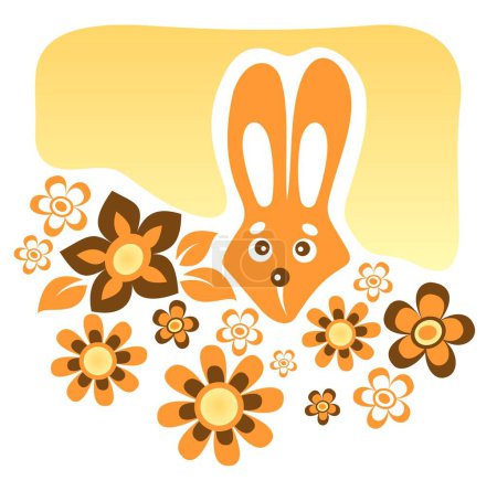 Illustration for Cartoon rabbit with flowers on a yellow background. - Royalty Free Image