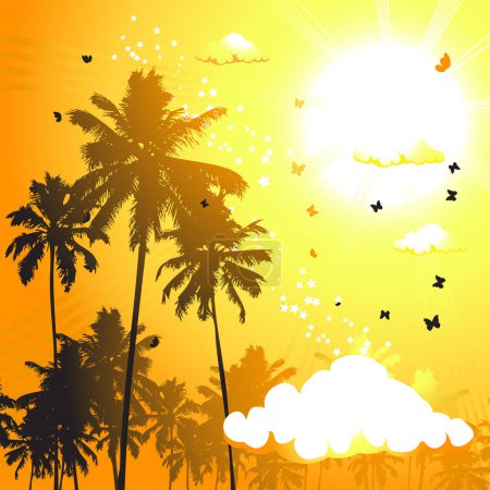 Ilustración de Puesta de sol tropical, palmeras - Imagen libre de derechos