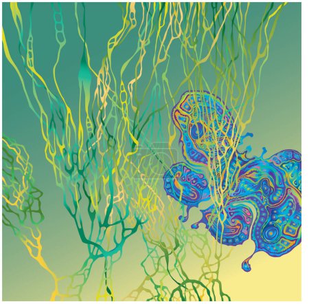 Ilustración de Mariposa en arbusto diseñada principalmente en colores de espectro - Imagen libre de derechos
