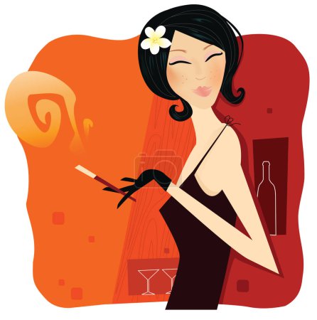 Illustration for Young woman holding smoking cigar. Vector Illustration. Vintage portrait with retro feeling of 1920s style. Ai, eps included. - Royalty Free Image