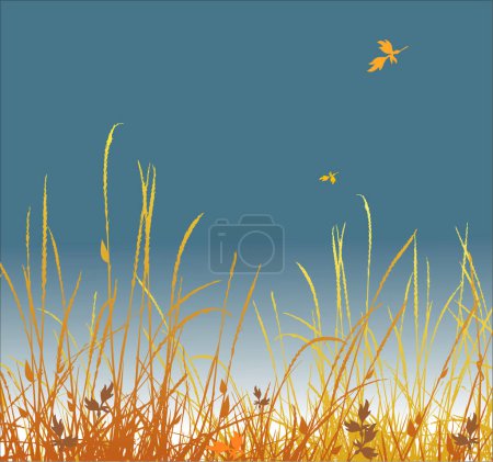Téléchargez les illustrations : Fond d'automne. Une herbe et un feuillage tombant. Vecteur - en licence libre de droit