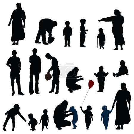 Téléchargez les illustrations : Silhouettes vectorielles de mère, père et enfant (garçons, filles) - en licence libre de droit