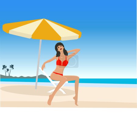 Ilustración de Chica atractiva en la playa exótica - ilustración vectorial - Imagen libre de derechos