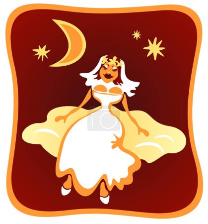 Illustration for The happy bride in a wedding dress sits on a cloud. - Royalty Free Image