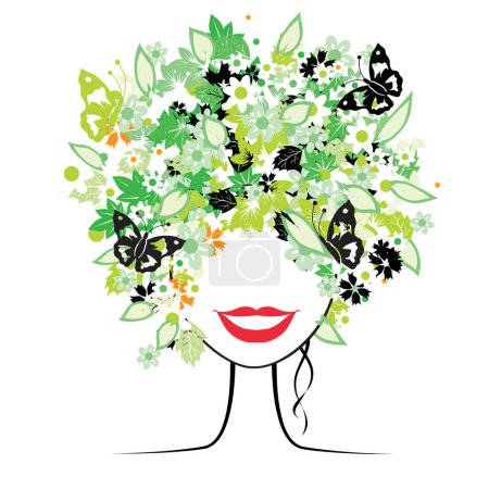 Ilustración de Peinado floral, hermosa mujer para su diseño - Imagen libre de derechos