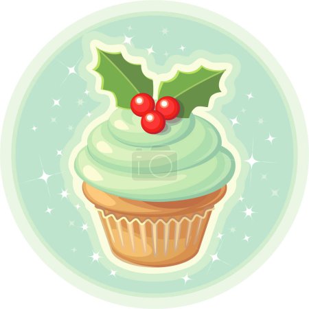 Illustration for A yummy blue vanilla cupcake with holly on top. - Royalty Free Image