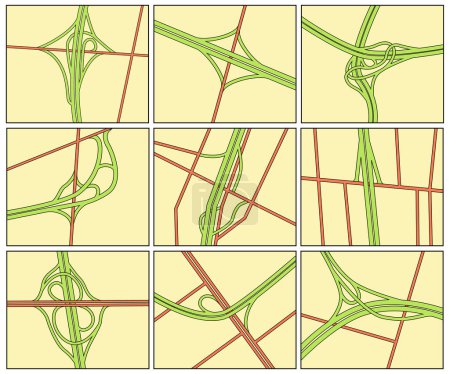 Illustration for Set of editable vector road intersection illustrations - Royalty Free Image