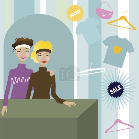Illustration for Two woman in a shop surprised with the prices, sale - Royalty Free Image