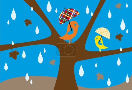 Illustration for Lovebirds sitting on tree in rainfall with umbrella - Royalty Free Image