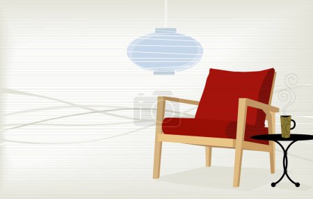 Illustration for Retro-modern chair with side table and coffee cup; colorful and stylized with copyspace. Easy-edit layered file. - Royalty Free Image