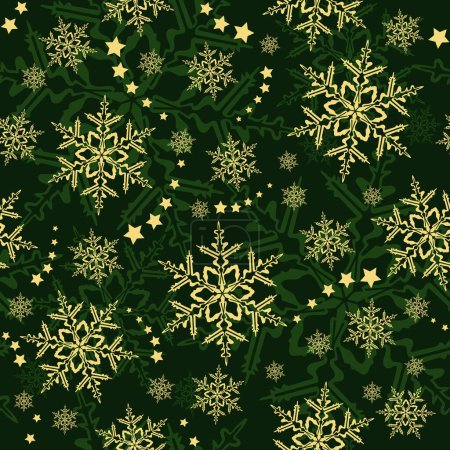 Illustration for Golden green snowflakes, winter pattern that will tile seamlessly. - Royalty Free Image