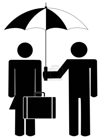 Téléchargez les illustrations : Homme tenant parapluie pour femme tenant mallette ou sac - en licence libre de droit