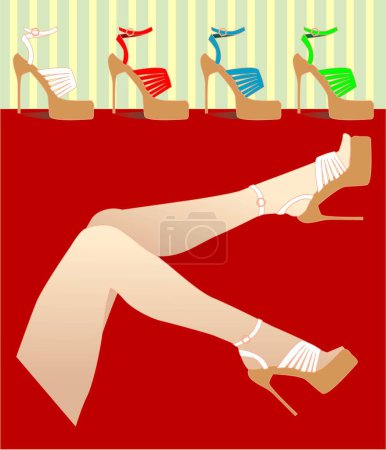 Téléchargez les illustrations : Illustration vectorielle pour une variété de modèles de chaussures design dans le style et la jambe d'une dame sexy. - en licence libre de droit