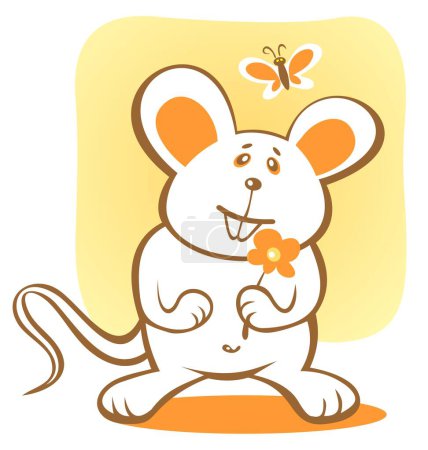Illustration for Cartoon happy mouse and flower on a yellow background. - Royalty Free Image