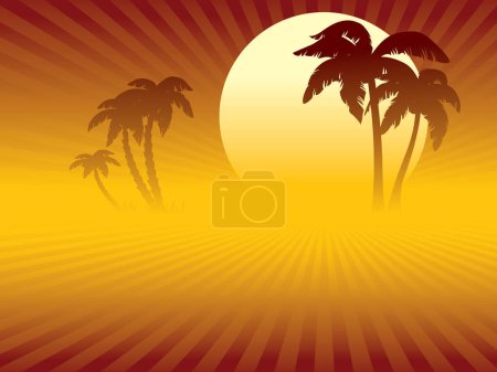 Illustration for Tropical sunset, a desert or a beach and oasis with palm trees. - Royalty Free Image