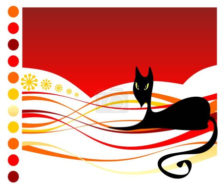 Téléchargez les illustrations : Chat noir stylisé sur fond rayé rouge. Illustration Halloween. - en licence libre de droit