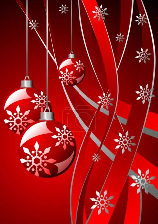 Ilustración de Cristales de nieve Bolas de Navidad y cintas sobre rojo - Imagen libre de derechos