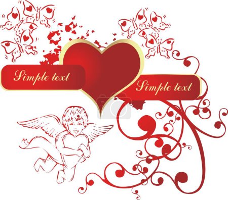 Téléchargez les illustrations : Coeur rouge dans un environnement de Cupidon et de papillons - en licence libre de droit