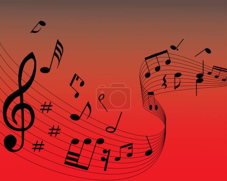 Illustration for Musical note staff on the red background - Royalty Free Image