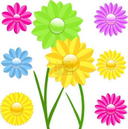 Téléchargez les illustrations : Illustration vectorielle de fleurs de marguerite aux couleurs vives avec reflets et ombres - en licence libre de droit