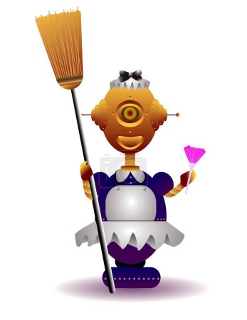 Illustration for Vector illustration for a robot maid going to clean. - Royalty Free Image