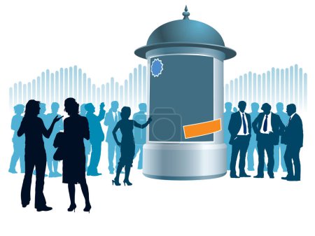 Illustration for People are standing next to an advertising column, a graph in the background, conceptual business illustration. - Royalty Free Image