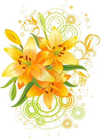 Téléchargez les illustrations : Trois lys orange, fond floral vecteur grunge - en licence libre de droit