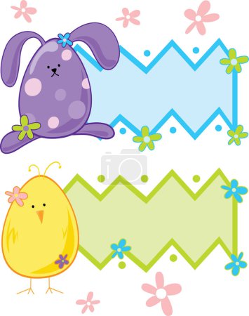 Illustration for Egg shaped bunny and chick with panel for text - Royalty Free Image