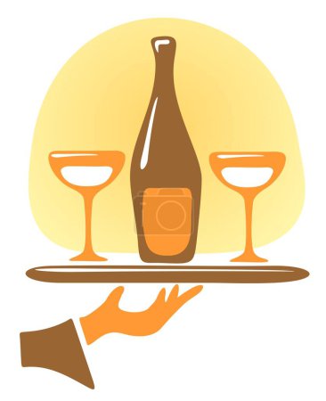 Téléchargez les illustrations : Bouteille de champagne et verres sur un plateau. - en licence libre de droit