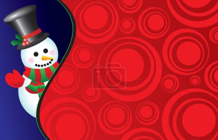 Ilustración de Ilustración vectorial de un muñeco de nieve feliz con un sombrero, mitones y una bufanda sobre un fondo rojo retro - perfecto para una tarjeta o invitación - Imagen libre de derechos