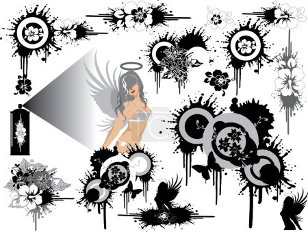 Illustration for Black and white design elements, but you can fill it with other colors too. You can find a very detailed angel between the ornaments. And a spraycan with stunning spray effect. - Royalty Free Image