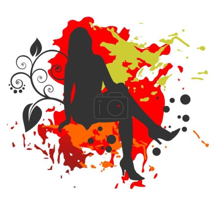 Illustration for Pretty sitting girl and floral pattern on a red grunge background. - Royalty Free Image