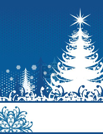 Ilustración de Fondo navideño con pinos navideños y copos de nieve ornamentales en formato vectorial muy fácil de editar - Imagen libre de derechos