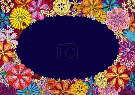 Téléchargez les illustrations : Cadre de forme ovale avec différentes fleurs multicolores - en licence libre de droit