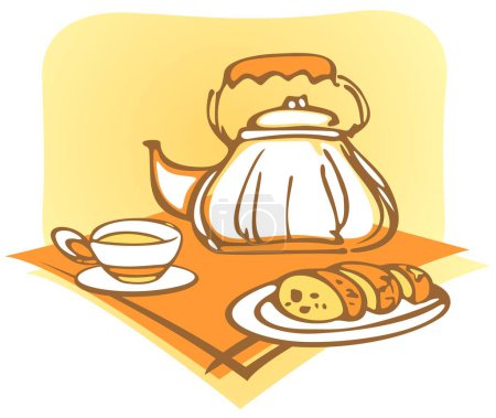 Téléchargez les illustrations : Théière stylisée, tasse et gâteau aux fruits sur une serviette orange. - en licence libre de droit