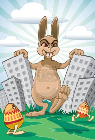 Illustration for Demonic Easter Bunny coming with painted eggs - Royalty Free Image