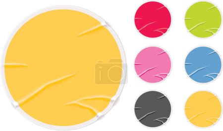 Ilustración de Conjunto de pegatinas redondas de colores. Arrugado y mal pegado - Imagen libre de derechos
