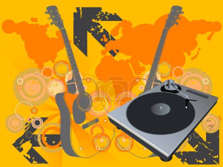 Illustration for Retro vector with a dj mix turntable and a grunge starburst background with guitar and a world map. Concept: Party and entertainment, world music. - Royalty Free Image