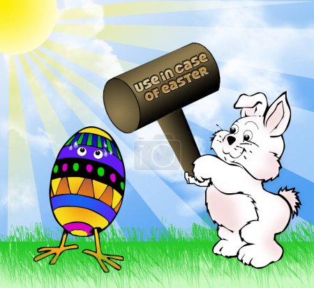 Illustration for An easter bunny is trying to open an easter egg - Royalty Free Image