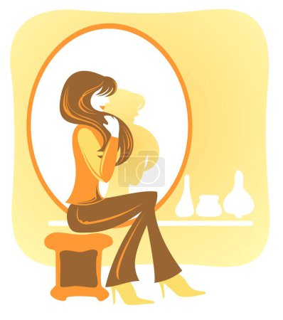 Téléchargez les illustrations : Jolie fille aux cheveux longs assise près d'un miroir. - en licence libre de droit