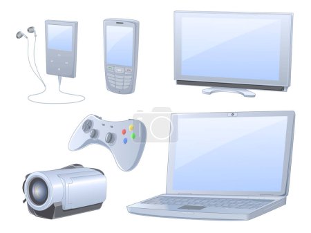 Illustration for High detailed set of six items - media devices, contains media player, cell phone, TV set, console joystick, notebook and handycam camcorder, all in same style. File compatible with Adobe Illustrator 8, all key objects are grouped and well named so t - Royalty Free Image