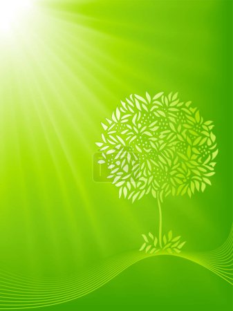 Illustration for Stylized tree shiloutte on a green light burst background. 5 global colors, blends, clipping masks and linear gradient. - Royalty Free Image